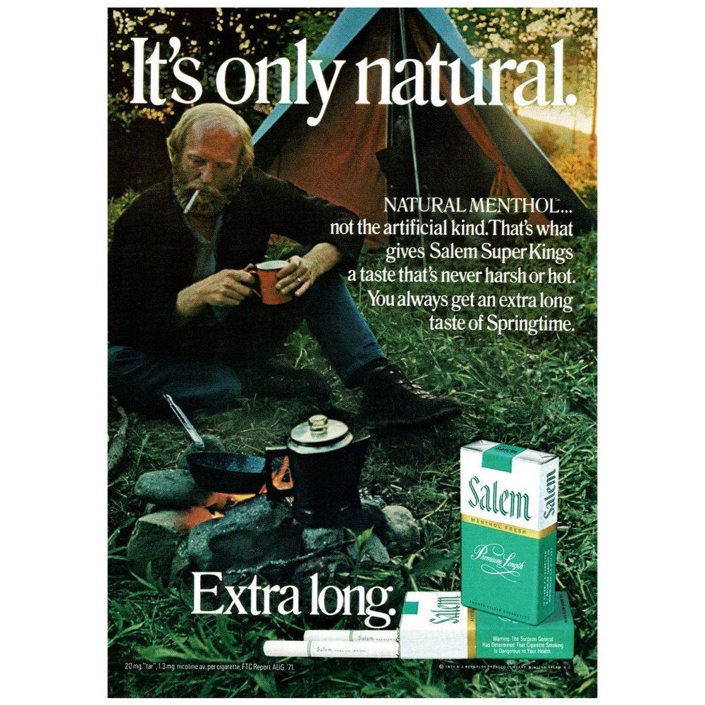 1972 Salem Cigarettes It's Only Natural Vintage Print Ad Man Camping Campfire